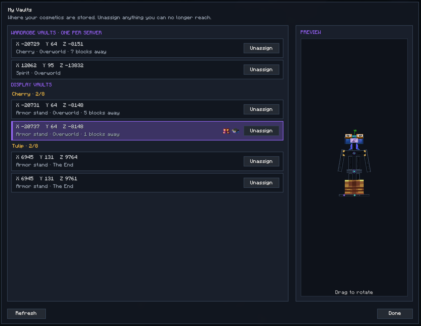 My Vaults screen listing Wardrobe Vaults and Display Vaults by server, with a preview of a selected armor stand